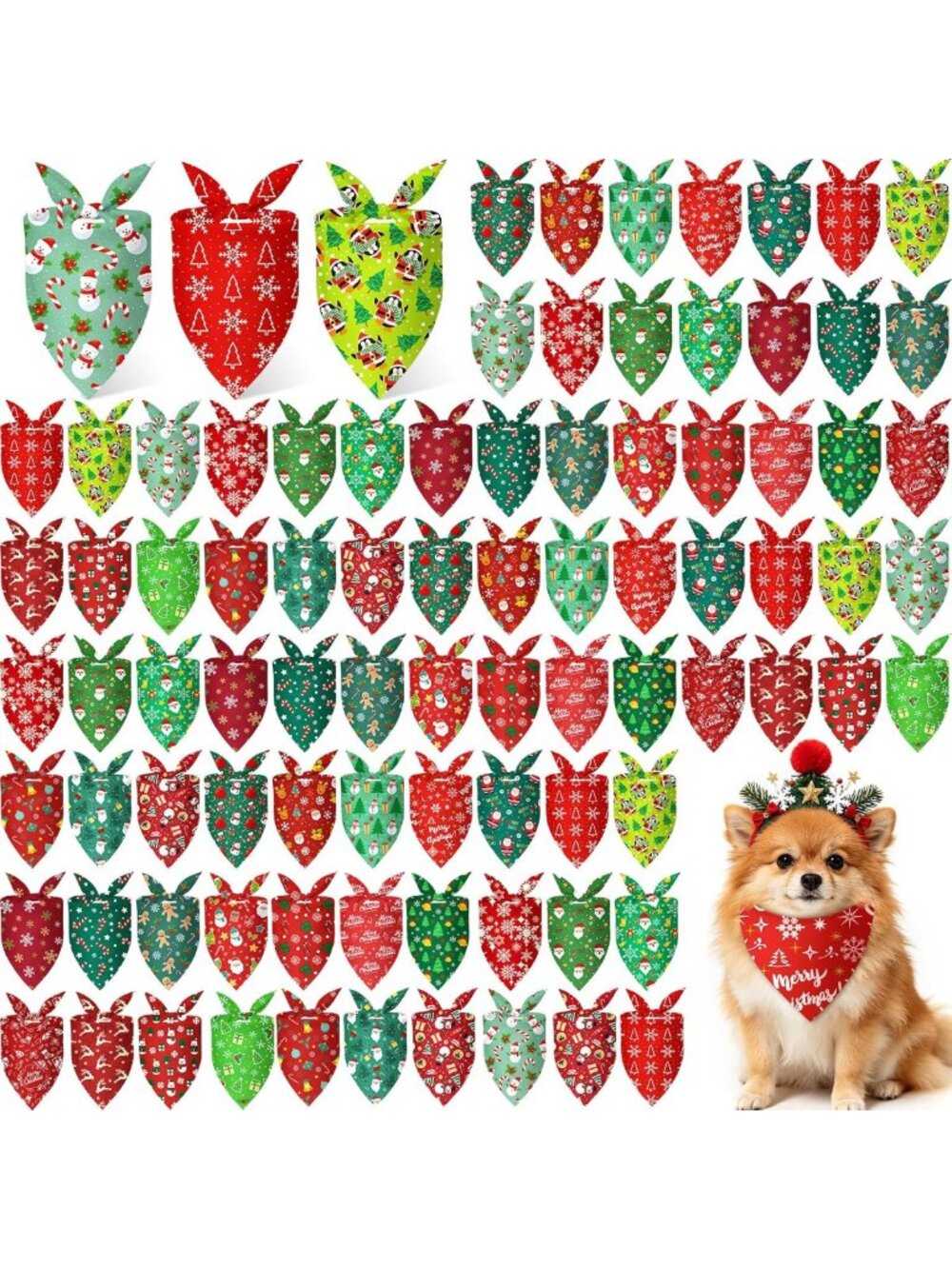 100 Pcs Christmas Dog Bandanas Set - Red Green Santa Snowflake Patterns